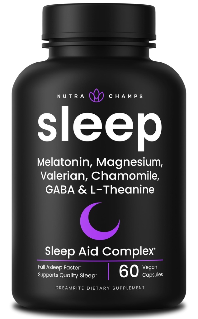 NutraChamps 10-in-1 Asistencia natural para el sueño para adultos - Melatonina, Lemon Balm 1000mg, Chamomile 400mg, Valerian Root 600mg, L Theanine, L Tryptophan, GABA, Magnesium Sleep Aid