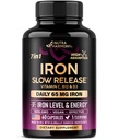 Suplemento de hierro para mujeres - Iron 65mg (Sulfato ferroso 325mg) - Stomach Friendly TEN Slow Release Iron TEN High Absorption - Vitaminas C, D3, B6, B12 &amp; Folate - Nivel de hierro &amp; Energy Support - 60 cápsulas