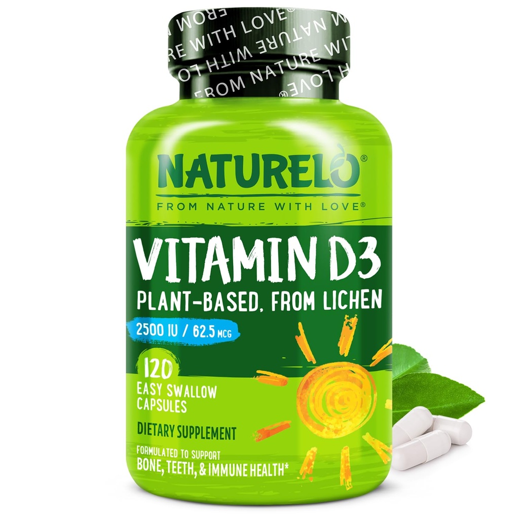 NATURELO Vitamina D - 2500 UI - Planta Basada en Lichen - Natural D3 Suplemento para Sistema Inmunitario, Soporte de Huesos, Salud Conjunta - Vegan - No GMO - Gluten Gratis - 120 cápsulas