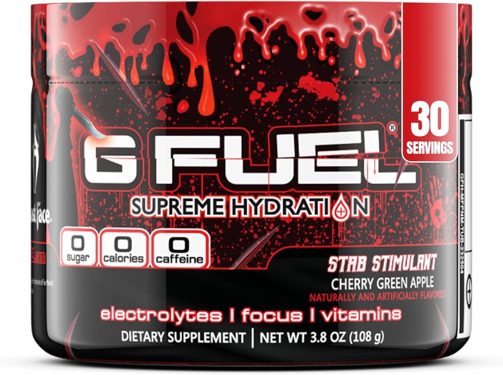 G Fuel Electrolyte Powder, Cherry Green Apple, Stab Stimulant, Zero Sugar y Caffeine-Free Hydration Mix con electrolitos y vitaminas, 3.8 oz (Ghost Face, 30 Servings)