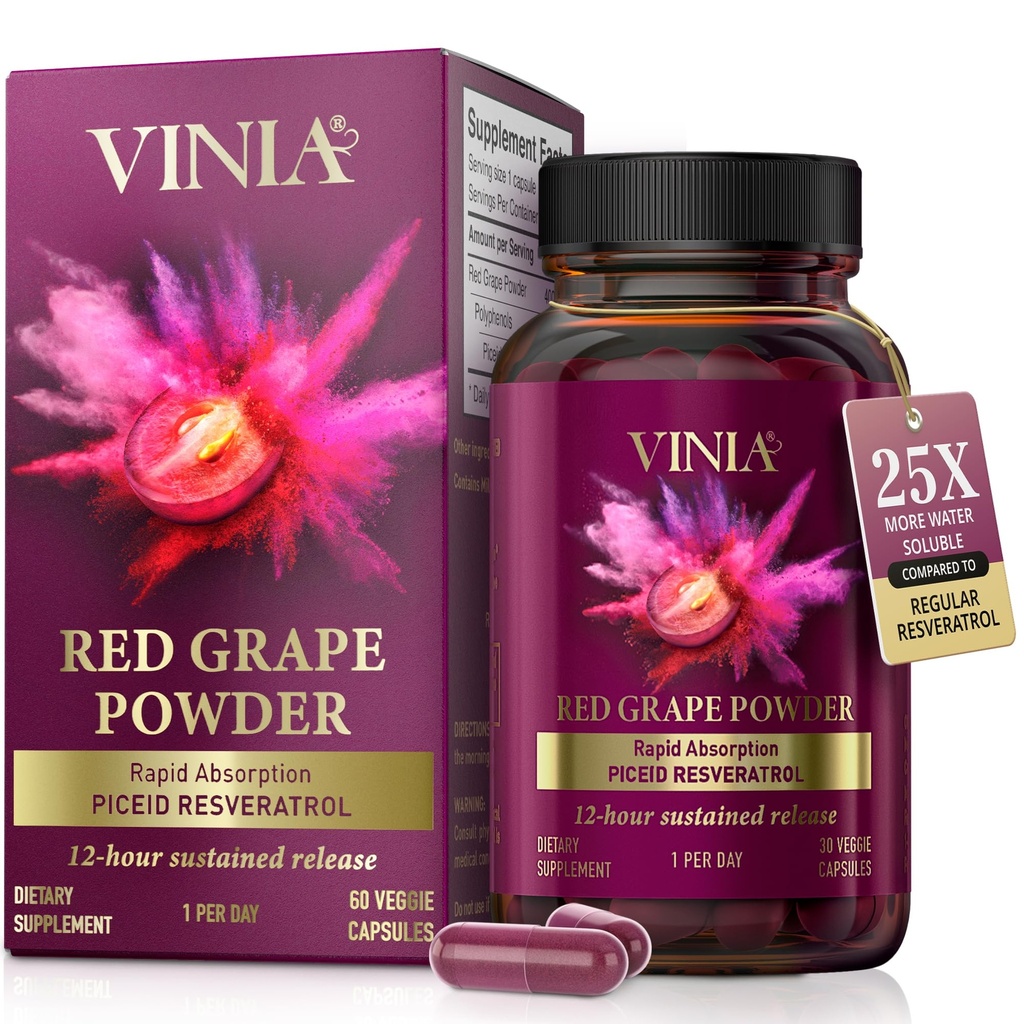 VINIA 12-Hour Long-Lasting Piceid Resveratrol Suplemento. Nitric Oxide Booster. Soporta la salud del corazón, el flujo de sangre, el polvo superalimentario de oxígeno, Keto Friendly. Vegan " Non-GMO. Suministro de 60 días
