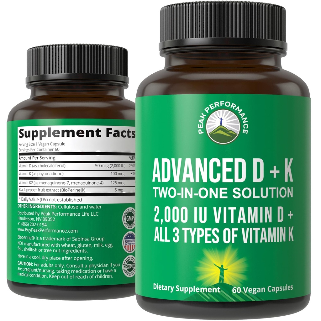 Peak Performance Advanced Vitamin D 2000 IU with All 3 Types of Vitamin K Vitamin D3 and Vitamin K2, K1, MK-7 (MK7), MK4 Supplements - 60 Small and Easy to Swallow Vegetable Pills