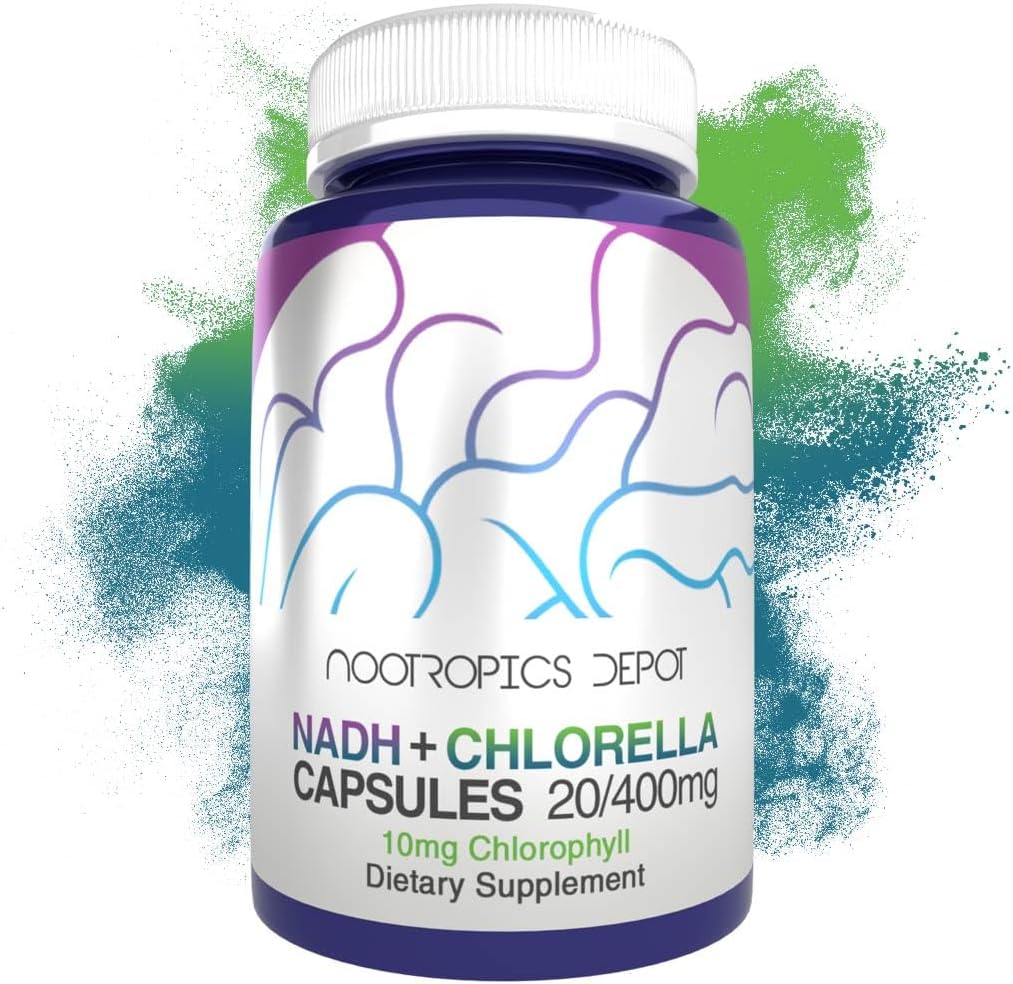 Nootropics Depot NADH + Chlorophyll 10mg Capsules  Nicotinamide Adenine Dinucleotide 20mg ANTE Chlorella vulgaris (Célula rota) 400mg ANTEEnergía, Alerta, Claridad mental, " Envejecimiento saludable, 90 Conde
