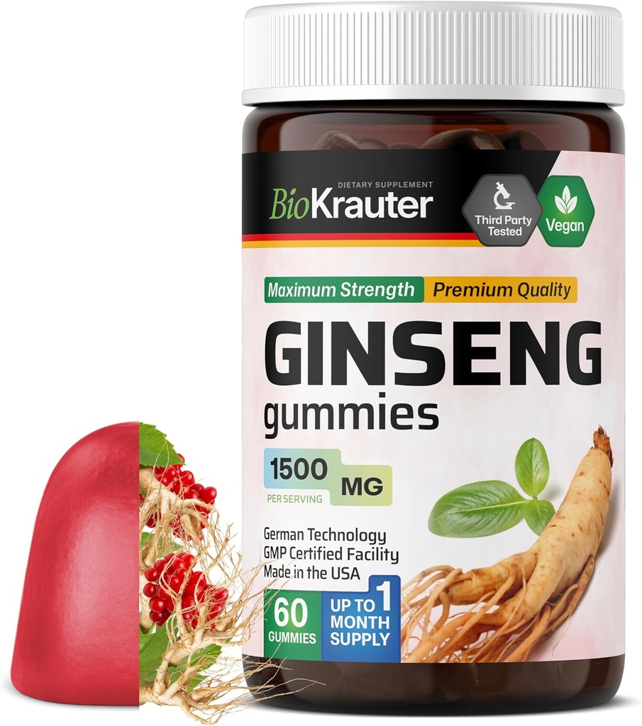 BIO KRAUTER Panax Ginseng Gummies - 1500 mg Strength - 60 Conde - Chewable Red Ginseng Suplemento - Immune Support Gummies - Vegan, Pectin-Based, Non-GMO