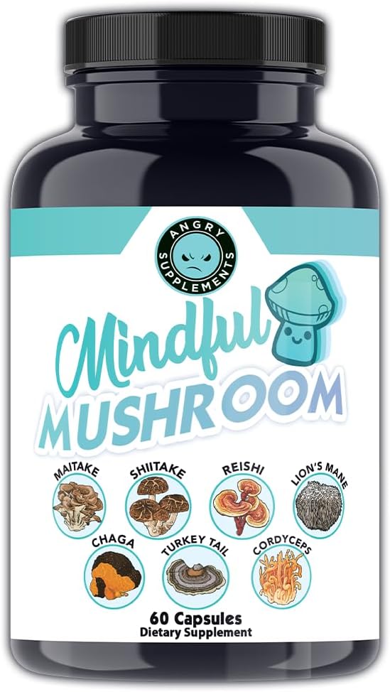 Suplementos Angry Setas Mindful Capsules - 7in1 Premium Health Shroom Blend of Maitake, Shiitake, Reishi, Turquía Tail, Cordyceps, Lions Mane y Chaga Mushrooms (60ct)