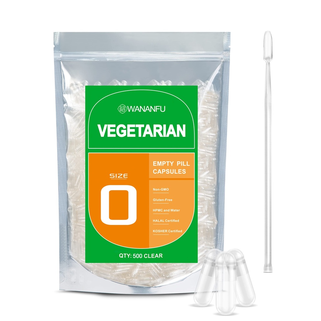 wananfu Tamaño 0 Empty Capsules Vegetarian (500 Conde) Agrupo con Micro Lab Spoon, Limpio Fillable Veggie Pill Capsules Tamaño 0 para hacer sus propios suplementos