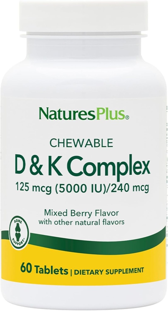 Natures Plus D & K Complex - 60 Chewables de Berry mixtos - Apoyo Calcio Metabolismo - Vegetariano, No-GMO, Gluten Gratis, Soy Gratis - 60 Servings