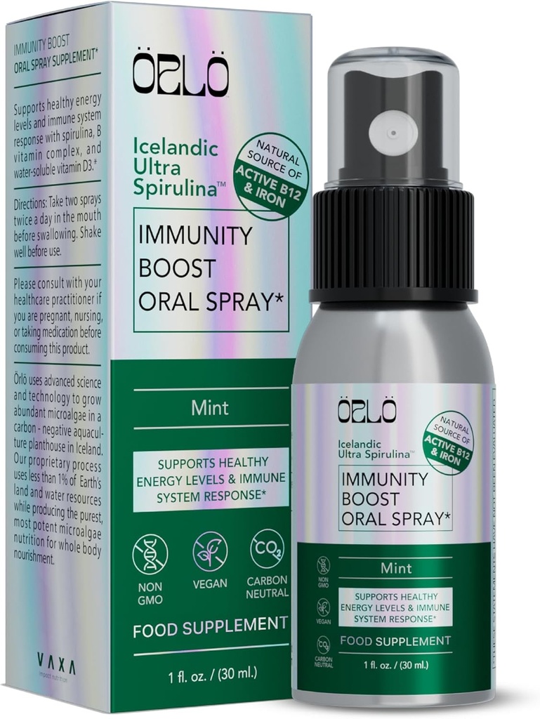 Orlo Immunity Boost Suplemento Multivitamínico para Adultos Spray - Spirulina, Complejo Bioactivo de Vitamina B, Metilcobalamina B12, Vitamina D3 - Energía, Cerebro & Salud Inmunitaria (hasta 60 Servings)