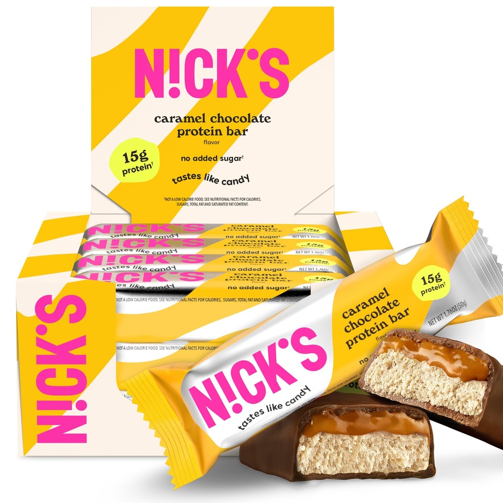Las barras de proteína de chocolate de Nick Caramel – Caja de 12 patas de alta proteína, bajas calorías, bajas carbohidratos, amiga de Keto, sin azúcar