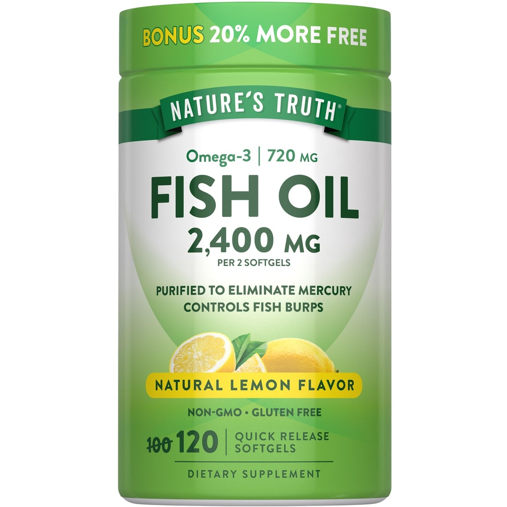 La verdad de la naturaleza Fish Oil 2400mg TEN 120 Quick Release Softgels TEN 720 mg Omega 3 Silencioso Burpless Lemon Flavor Pills ANTE Non-GMO &amp; Gluten Free Supplement
