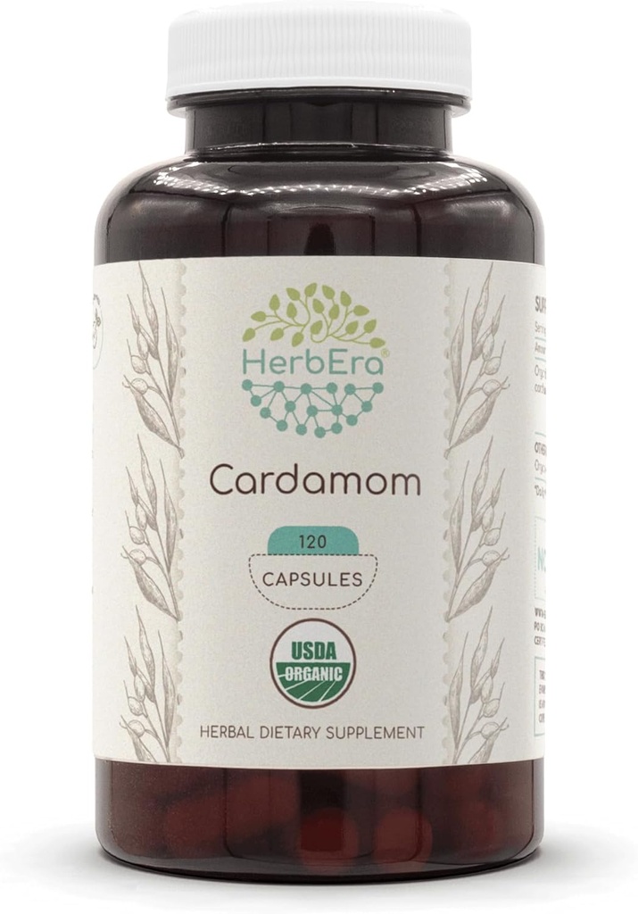 HerbEra Cardamom USDA Organic 120 Capsules Silencio Natural Herbal Suplemento Silencio Certified Organic Vegetarian Capsules and Organic Cardamom (Elettaria cardamomum) Dried Pod (120 cápsulas)