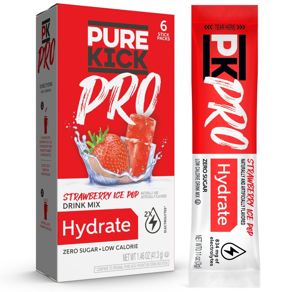 PURE KICK PRO Hydration Electrolyte Drink Mix, Strawberry Ice Pop, Incluye 1 Caja con 6 Packets en cada caja