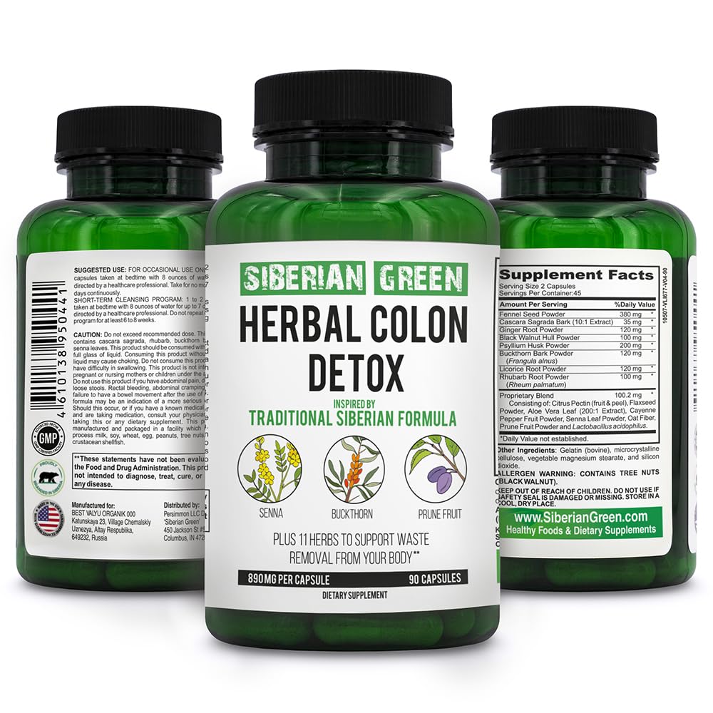 Siberian Green Herbal Colon Detox with Senna Buckthorn Prune Fruit 90 Capsules – Traditional Siberian Formula 14 Herbs & Probiotic to Cleanse Colon and Detox Body