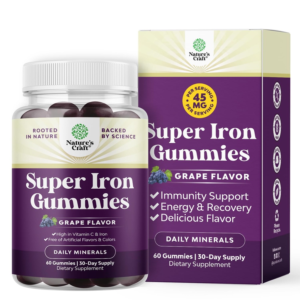 Gummies de Hierro Extrastreza para Mujeres y Hombres - Potente 45 mg por Servir Suplemento Chewable para Mujeres y Hombres con Vitamina C para la Absorción Superior - Vegan Daily Iron Gummy Sin Sabores Artificiales