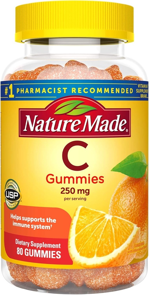 Vitamina C Gummies 250 mg, 80 Conde, Para Soporte Inmunitario, Soporte Antioxidante, Soporte de colágeno para la salud de la piel, Tangerina