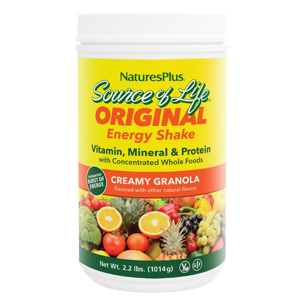 NaturesPlus Fuente de Life Energy Shake - 2.2 lbs Multivitamin, Mineral &amp; Protein Powder - Granola Flavor - Reemplazo completo de comida - No GMO, Vegetariano, Libre de gluten - 26 Servimientos