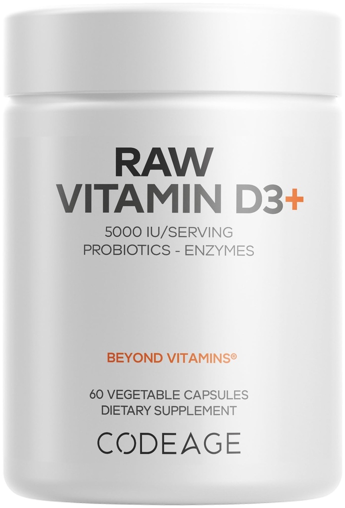 Codeage Raw Vitamin D3+ High Potency 5000 IU Suplemento de Saccharomyces Cerevisiae - Raw Vitamina, Probiotics, Digestive Enzymes, Fruits & Greens - 2-Month Supply - 60 cápsulas