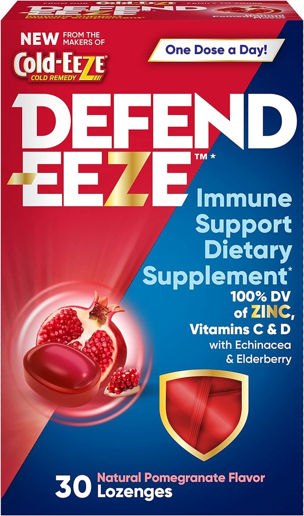 Defend-EEZE Immune Support Dietary Supplement Lozenges, 100% Daily Value of Zinc, Vitamins C & D per Dose, with Echinacea &amp; Elderberry, Pomegranate Flavor, 30 Lozenges