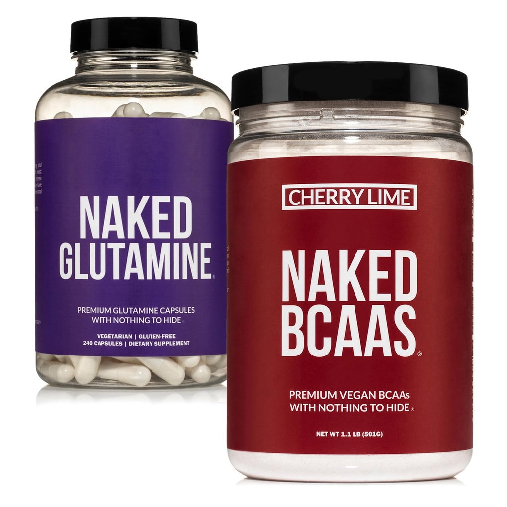 NAKED Cherry Lime BCAAs 34 Sevings + Pure L-Glutamine 240 Capsules Bundle: Non-GMO, Gluten Free, Muscle Recovery, Nothing Artificial