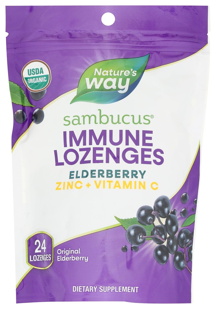 Manera de la naturaleza Sambucus Immune Lozenges, Zinc + Vitamina C, Black Elderberry Extract, USDA Certified Organic, Original Berry Flavored, 24 Lozenges (Packaging May Vary)