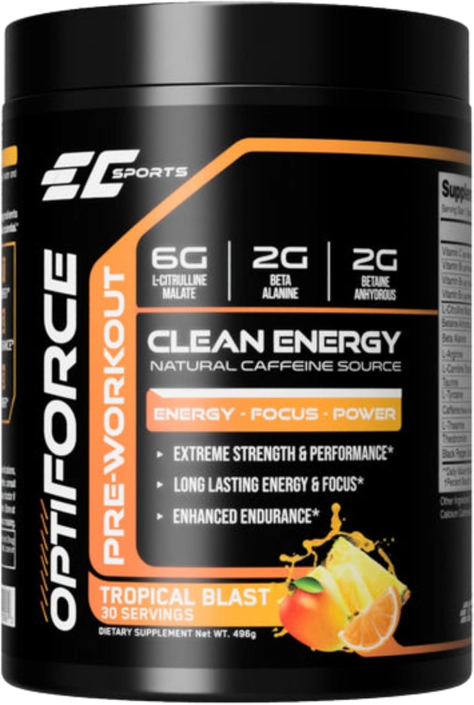 EC Sports OptiForce Pre-Workout Tropical Blast Supplement Powder - Clean Energy & Natural Caffeine w/Long-Lasting Endurance and Focus - 30 Servimientos