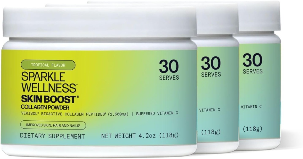 Sparkle Wellness Skin Boost (Tropical) [3 Pack of 30-Serves] Silencio Collagen Powder Supplement with VERISOL Bioactive Hydrolyzed Peptides &amp; Vitamina C to Improve Skin, Hair &amp; Nail Health