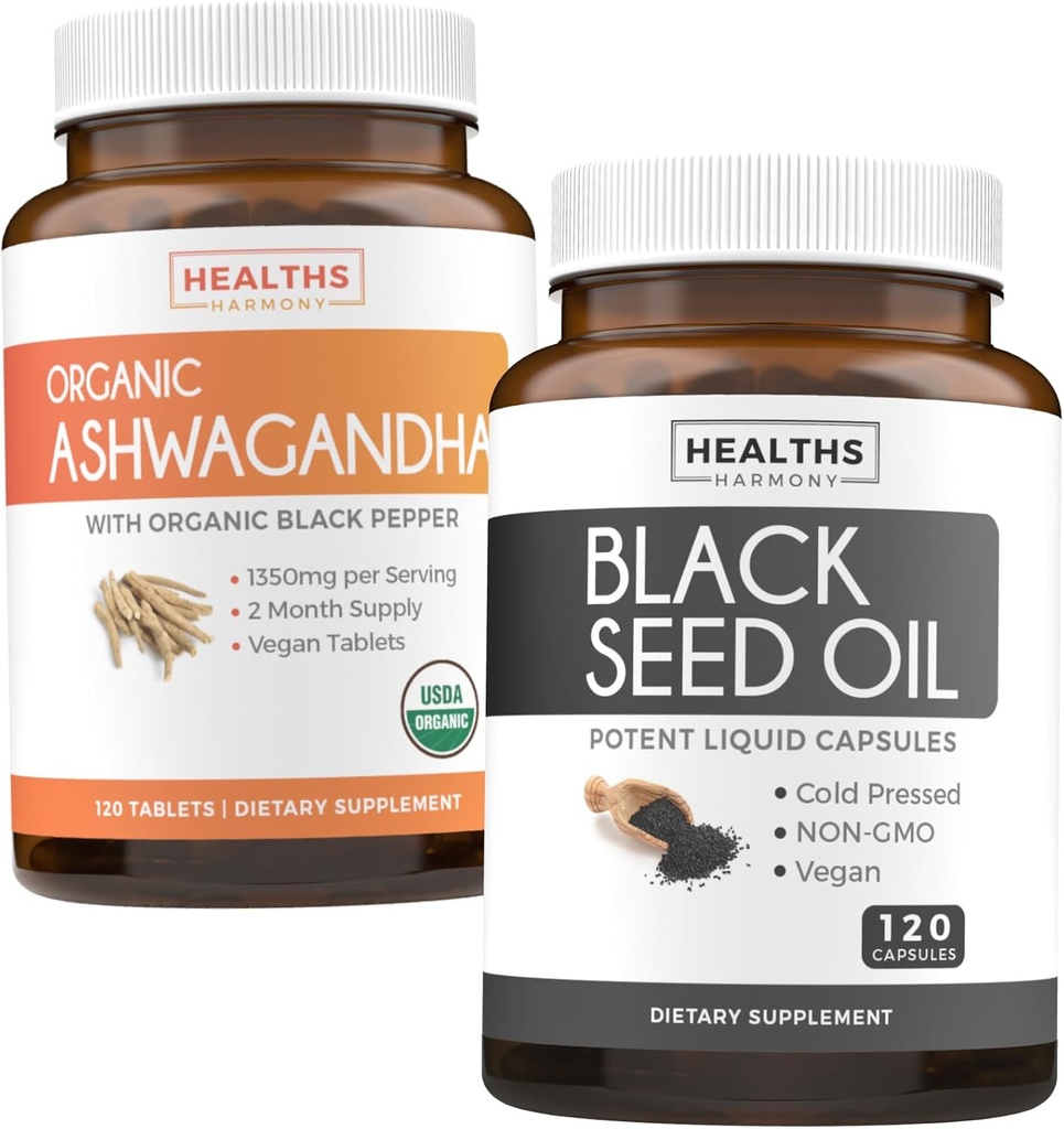 Bundle of Black Seed Oil " Organic Ashwagandha - Renew & Recharge Bundle - Black Seed Oil - 120 Soft-gel Capsules (No-GMO & Vegetariano) y Organic Ashwagandha Root Powder 1350mg sirven (120 Tablets)