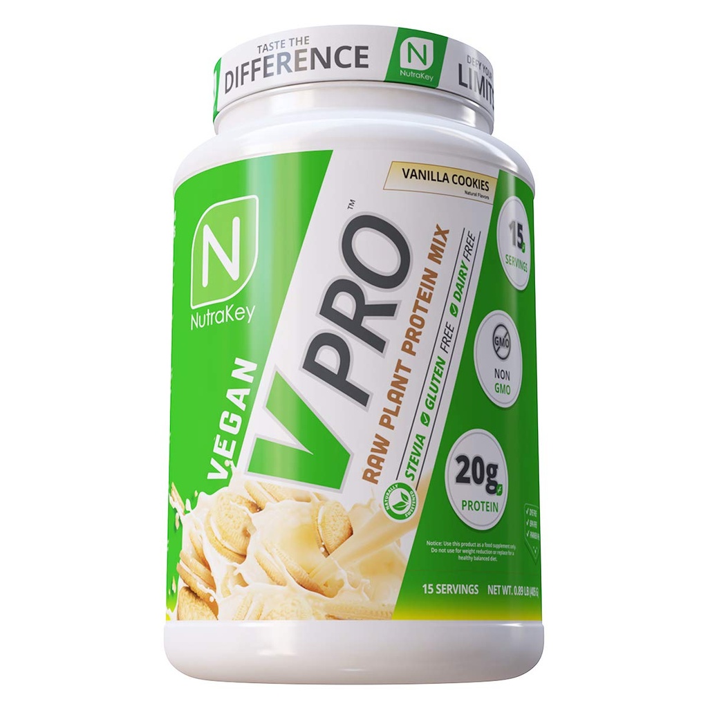 NutraKey V-Pro, Raw Plant Protein Powder, Organic, Vegan, Low Carb, Gluten Gratis con 20g de Protein (Vanilla Cookie) 1.78-Pound.