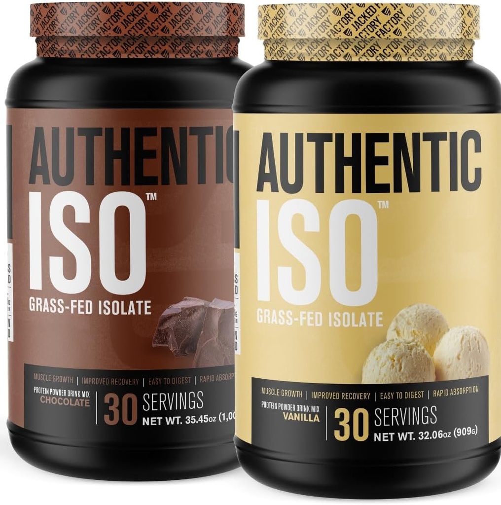 Fábrica Jacked Authentic ISO Grass Fed Whey Protein Isolate Powder - Low Carb, Non-GMO Muscle Building Protein w/No Fillers (Chocolate, 30sv) & (Vanilla, 30sv)