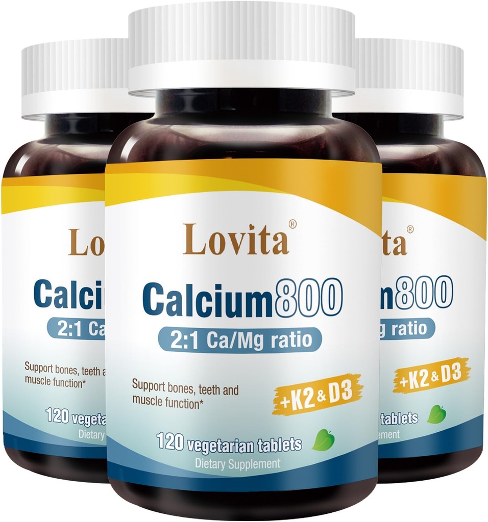 Lovita Calcium Citrate 800 mg con Magnesio, Vitamina D3 & K2, Suplemento de densidad de hueso para hombres y mujeres, apoya los dientes, la salud inmunitaria, sin gluten, no transgénico, 360 tabletas vegas