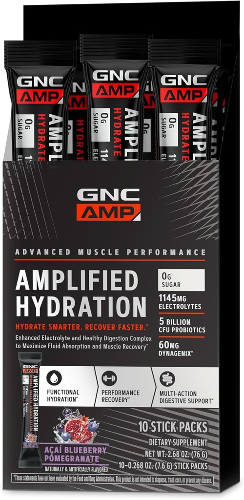 GNC AMP Amplificado Hydration Electrolyte Powder Drink Mix  Enhanced Electrolyte &amp; Healthy Digestion Complex ← Acai Blueberry Pomegranate ← 10 Count