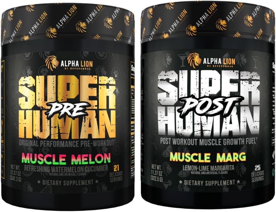 ALPHA LION Superhuman Pre Workout Powder & Post Workout Recovery Bundle, Sustained Energy & Focus + Lean Muscle Growth, Strength & Volume (Muscle Melon & Muscle Marg)