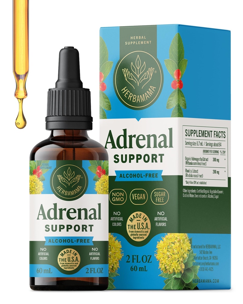HERBAMAMA Soporte adrenal gotas líquidas - Vegan Adrenal Tincture con Ashwagandha Root & Rhodiola Rosea Extract - Non-GMO, Alcohol &amp; Sugar-Free Supplement - 28-Day Supply