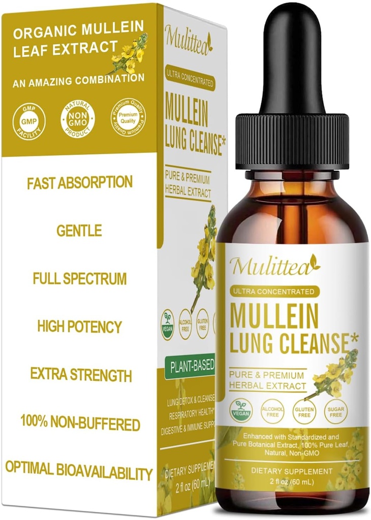 Mullein Drops for Lungs-Lymphatic gotas de drenaje - Lung Detox para fumadores-5-en-1 Extracto Herbal Líquido-Mullein Leaf-Lung Cleanse-Respiratory Health Support-Non-GMO, Vegetarian-2 Fl Oz