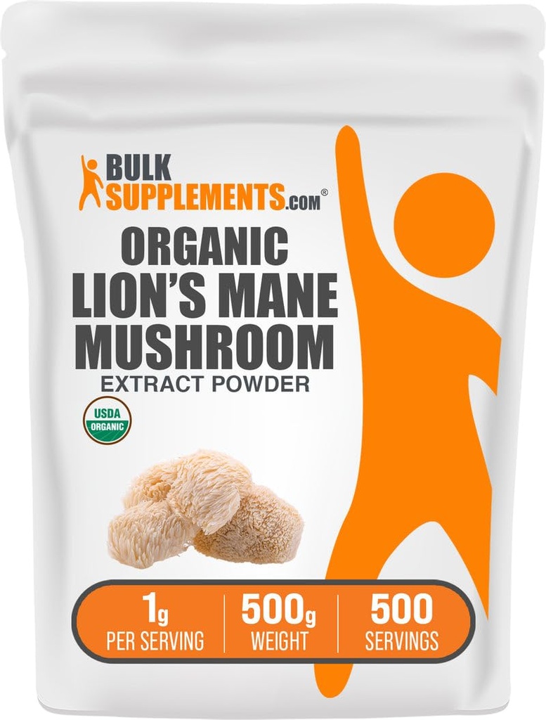 BulkSupplements.com Extract Powder de Mushroom Mane de León Orgánico - Suplemento de Mushroom, Suplemento de Cerebro para Memoria y Apoyo en Foco - Vegan, 1g por Ser, 500g (1.1 lbs) (Pack of 1)