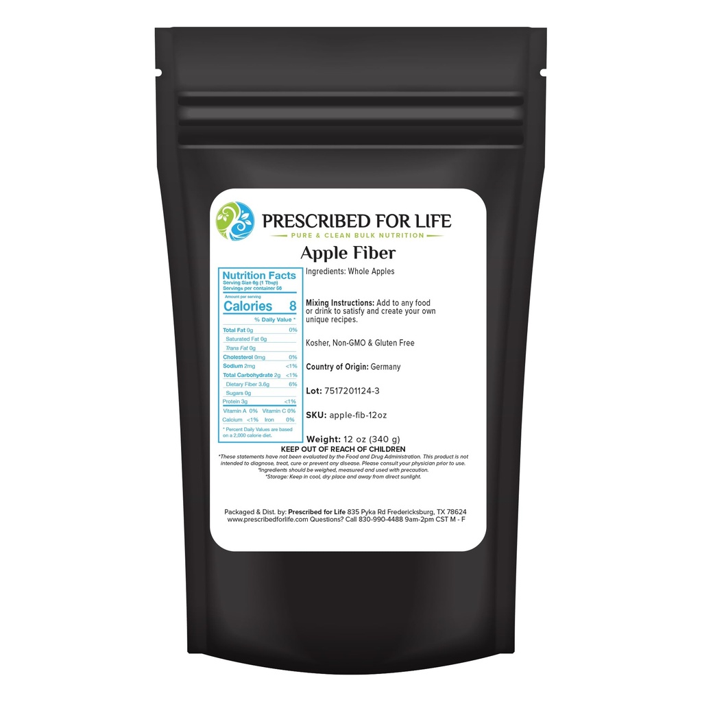 Prescrito para la vida Apple Fiber Powder, Natural Apple Pectin Fiber Supplement for Digestive Health, Vegan, Non GMO, Gluten Free (12oz / 340g)