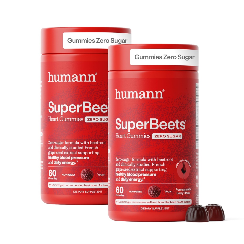 humanN SuperBeets Heart Gummies - Beet Gummy with Heart-Healthy Energy Support, Grape Seed Extract " Beetroot Powder, Sugar Free - Pomegranate Berry Flavor, 120 Count
