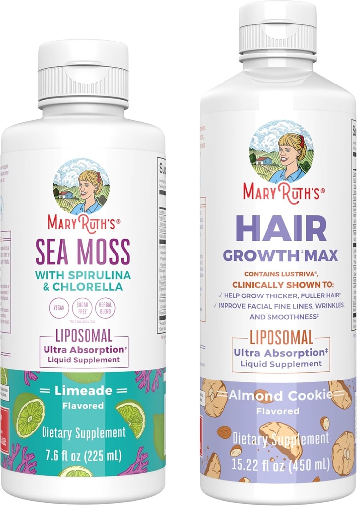 MaryRuth Organics Sea Moss Liposomal (Limeade) & Hair Growth MAX (Almond Cookie) ← Clean Label Project Verified® ← Vitaminas para la Energía, la Inmunidad, & Belleza perun, Gluten-Free, Non-GMO