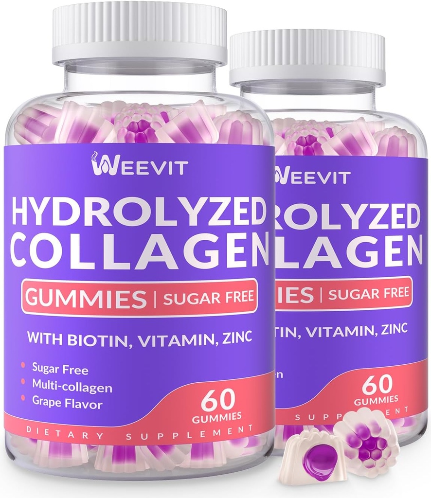 Collagen Gummies sin azúcar, Collagen Peptide Gummies for Women, Collagen Protein Tipo I,II,III,V,X con Biotina, Vitamina C, D, B12 para uñas de piel de pelo