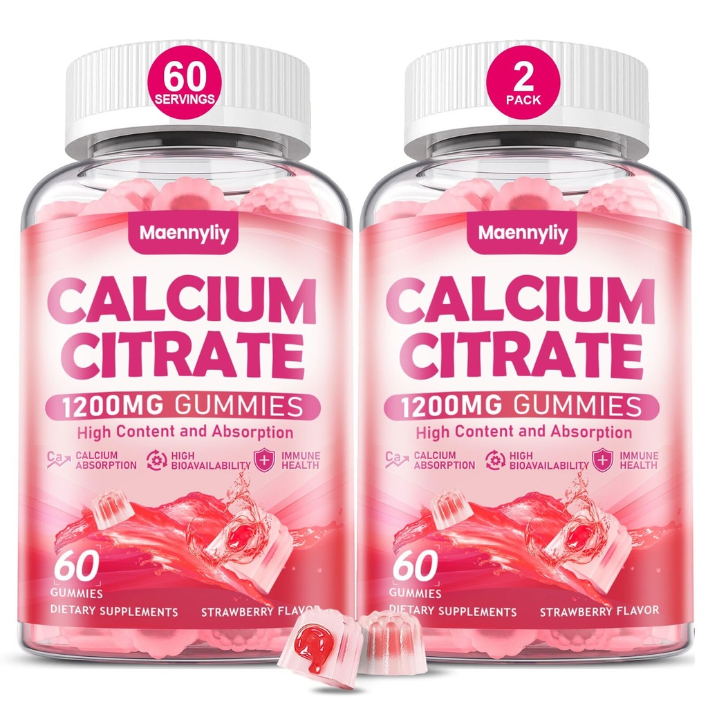 Calcium Citrate Gummies 1200 mg para adultos: Ultimate Absorption Suplemento de calcio para hombres y mujeres - Fácil de digerir, Vegan, No GMO, Gluten Gratis - Natural Strawberry Flavor