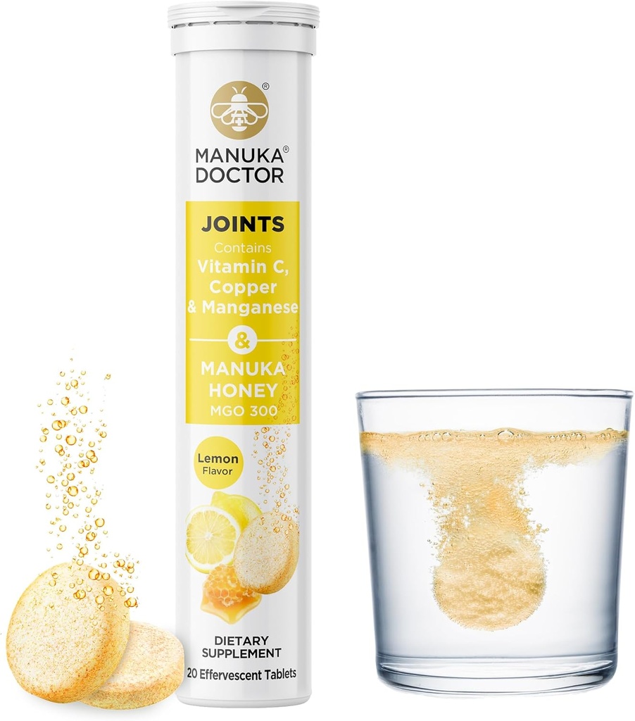 Manuka Doctor Joints* Suplemento de Soporte Conjunto diario con Manuka Honey, Vitamina C, Copper & Manganese para promover la salud conjunta, sabor limón, 20 Tabletas Effervescent