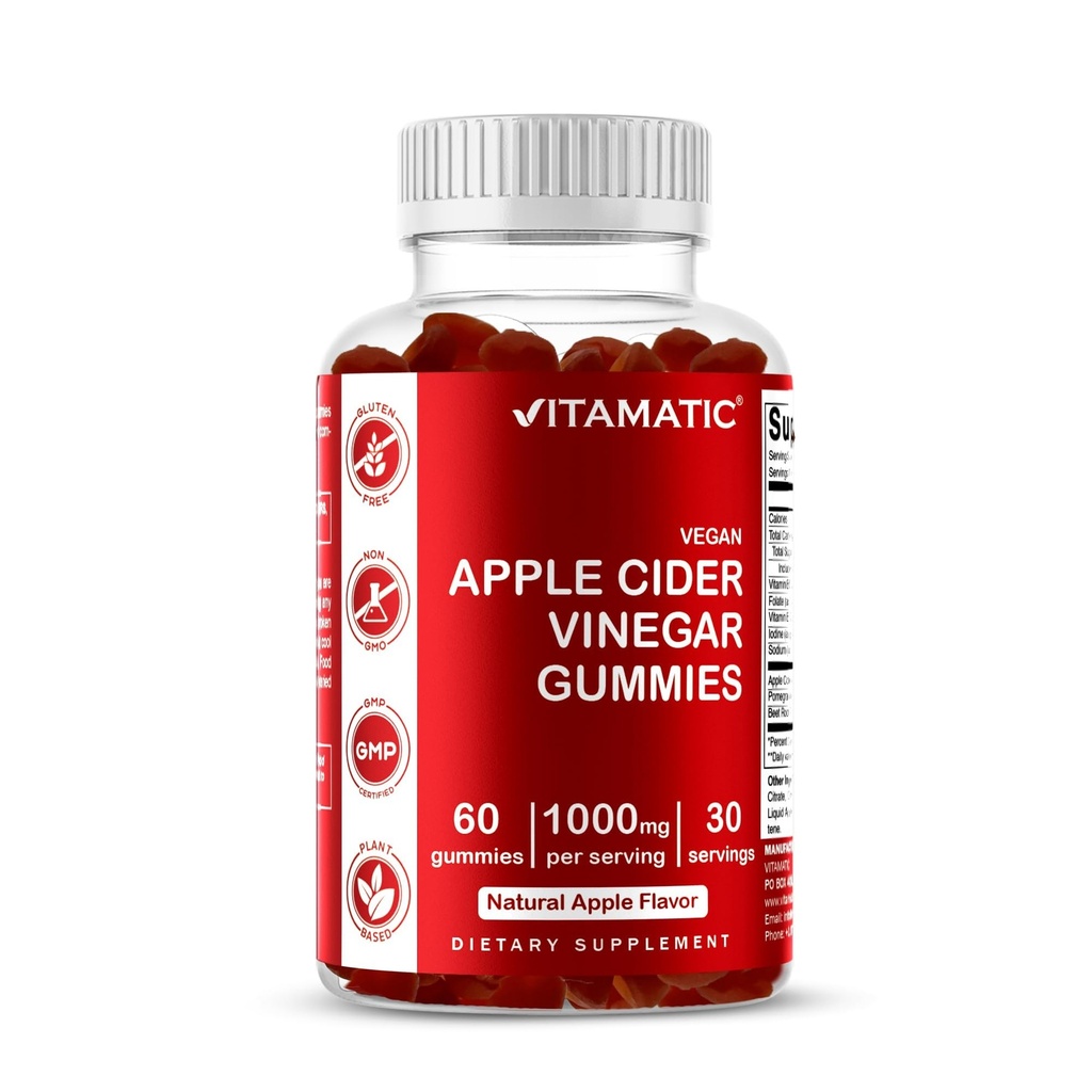 Vitamatic Apple Cider Vinegar Gummies - 1000mg por Serving - 60 Gummies Vegan - ACV Gummies for Detox, Weight Loss Support, Energy Boost, Digestion &amp; Gut Health