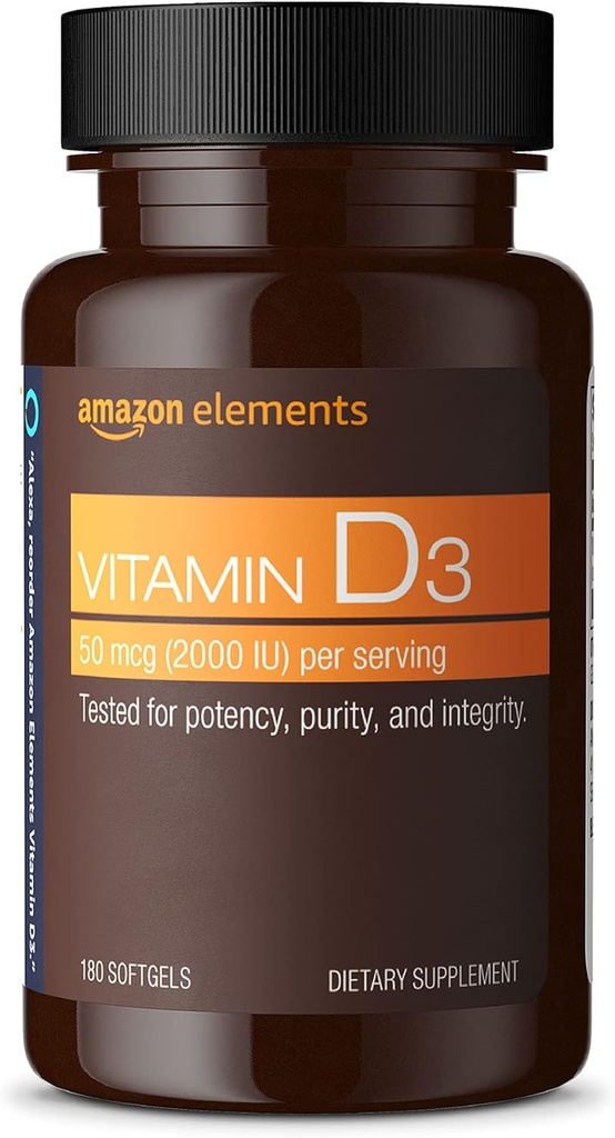 Elementos de Amazon Vitamina D3, 2000 UI, 180 Softgels, suministro de 6 meses (Paquete puede variar), soporta huesos fuertes y salud inmune