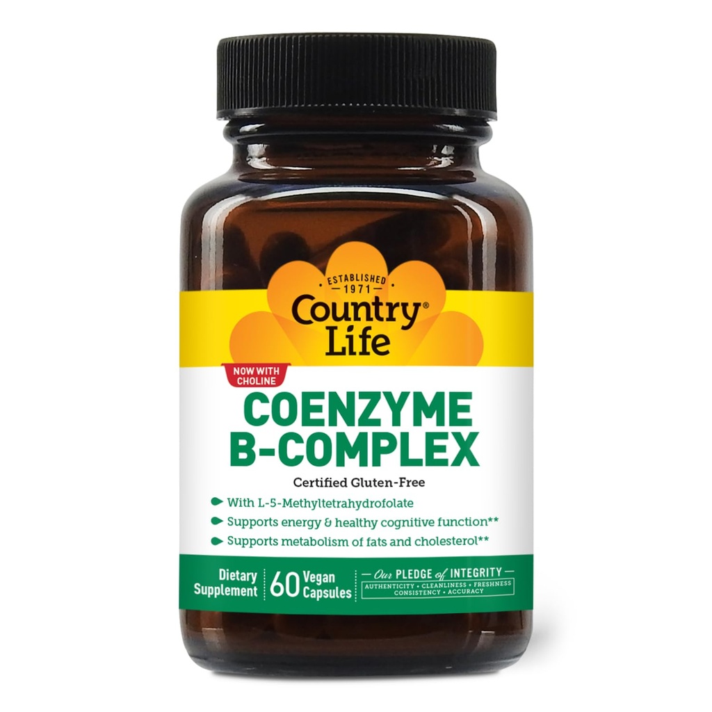 Country Life Coenzyme B-Complex, 60 Capsules – Apoya Energía & Metabolismo, Mood & Cognitive Function – Vegan, Gluten-Free, Bioavailable B Vitaminas con Choline