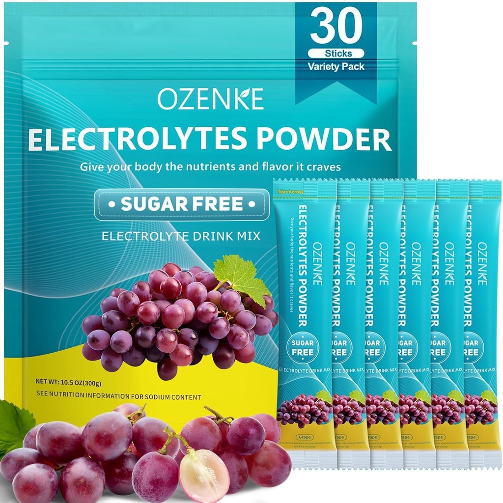 Packs de hidratación Sugar Gratis, Electrolyte Drink Mix Paquetes de hidratación portátiles para la hidratación rápida, sabor de uva, 30 palillos