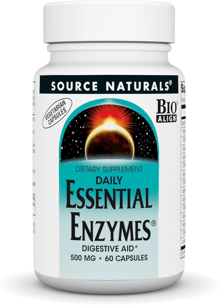 Fuente Naturales Esencial Enzimas 500mg Bio-Alineados Múltiples Enzyme Suplemento Herbal Defense for Digestion, Gas, Constipation & Bloating Relief - Supports Immune System* - 60 cápsulas vegetarianas