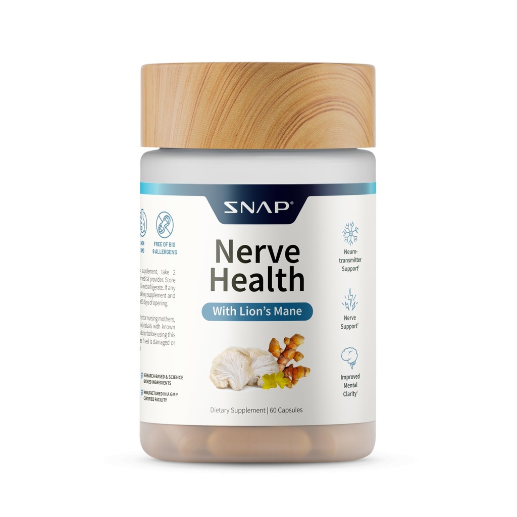 Snap Supplements Nerve Health Support with Lion’s Mane, Organic Turmeric & Herbs – Supports Mental Clarity, Memory, Focus &amp; Nerve Function – 60 cápsulas