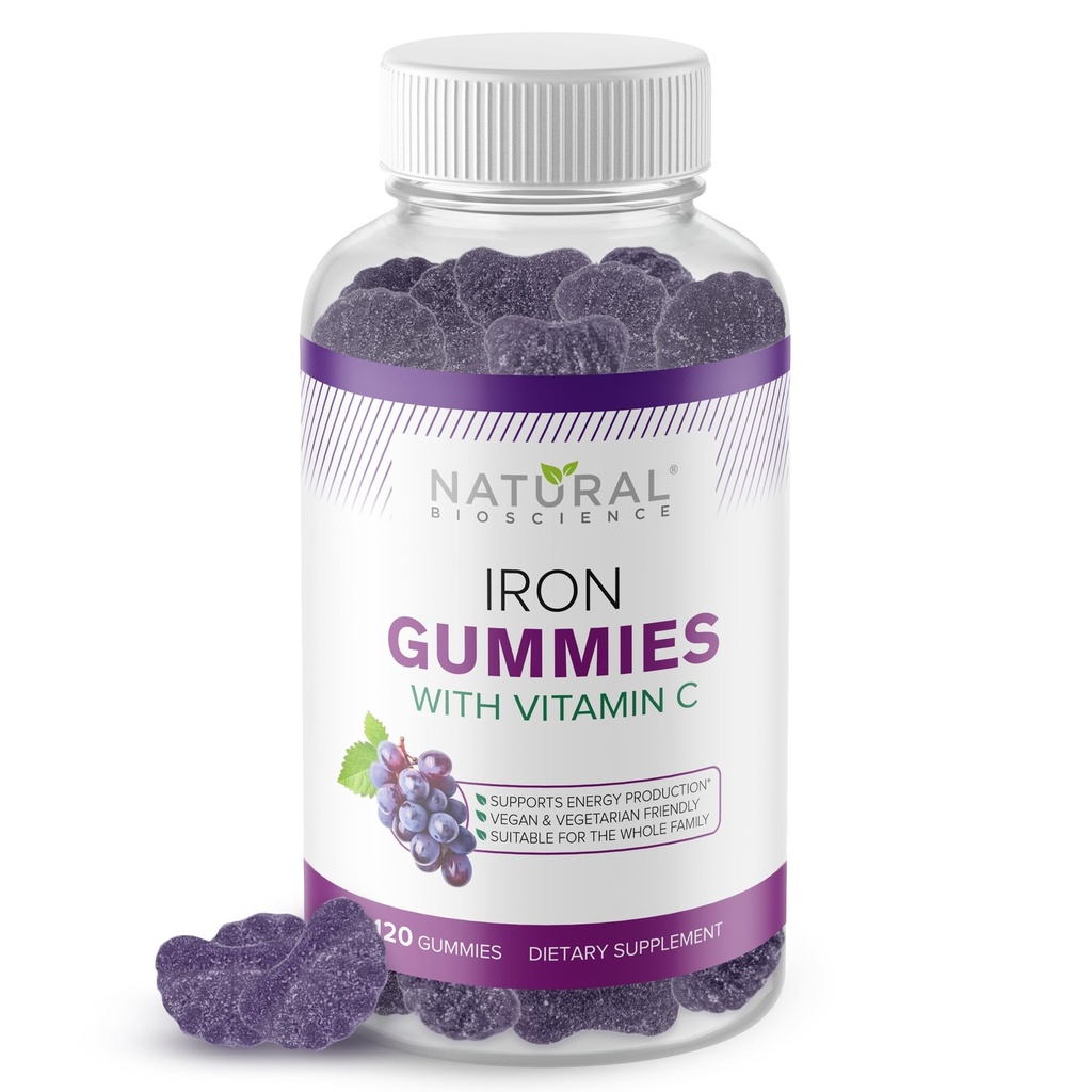 Gummies de hierro con vitamina C - Suplemento de anemia por deficiencia de hierro para adultos " niños " , Chewable, Red Blood Cell Support, Energy, Immune Function, Brain Health, Max Absorption, 120 Vegan Gummies