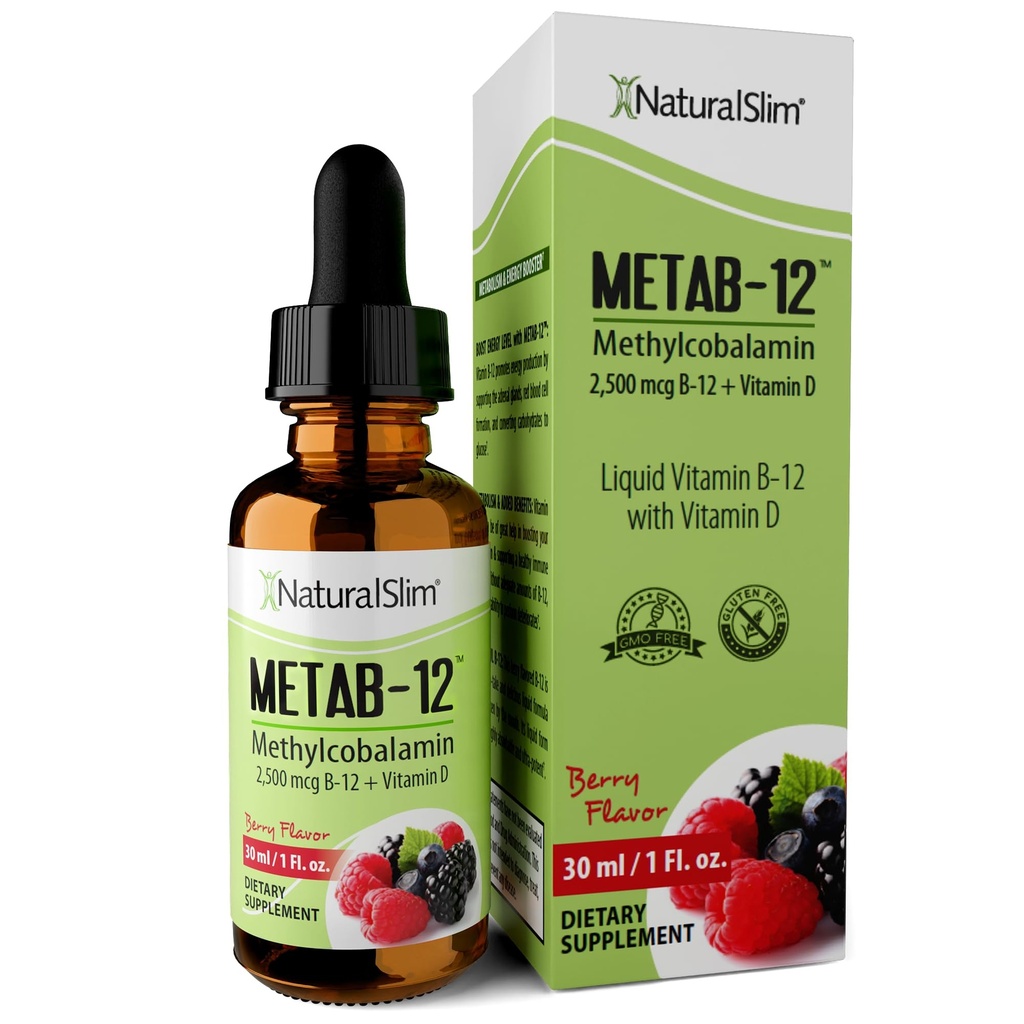 NaturalSlim Liquid B12 Vitaminas con Vitamina D - Metab-12 Metilcobalamina 2500 mcg B12 Sublingual gotas para el metabolismo, energía, &amp; soporte inmunológico - Berry Flavor 1 fl oz