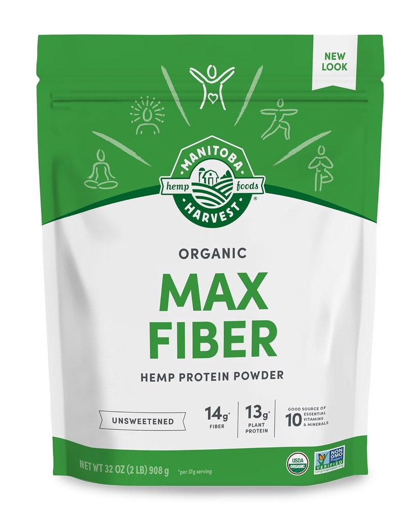 [BRSWIZY7CYAWEFAZ] Manitoba cosecha cáñamo Sí Orgánica Max Fiber Protein Powder, Unsweetened, 32oz, con 13g de Fiber, 13g Protein y 2.5g Omegas 3 cl6 por Serving, Keto-Friendly, Preservative Free, Packaging May Vary